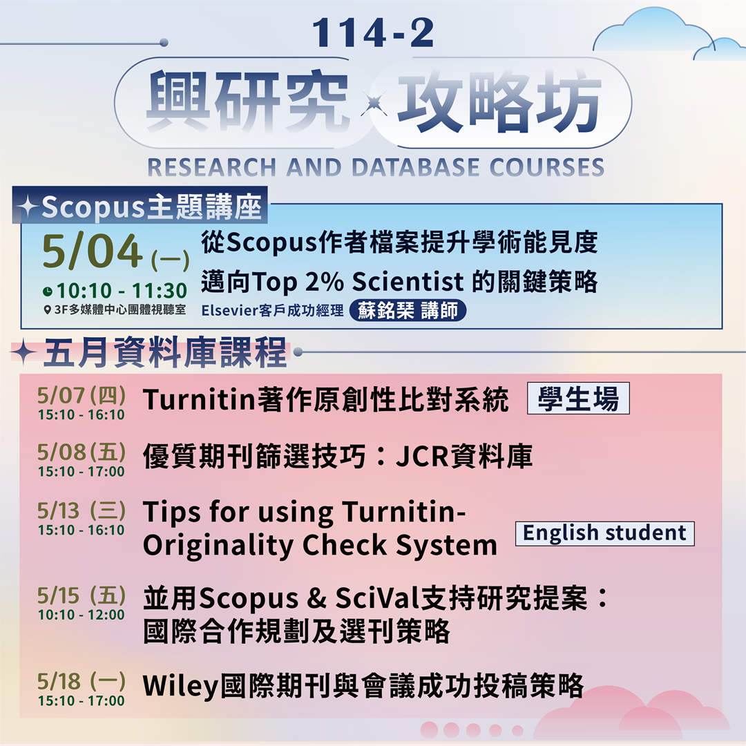 【興研究．攻略坊】5月講座&資料庫課程，精準投稿與發表！
