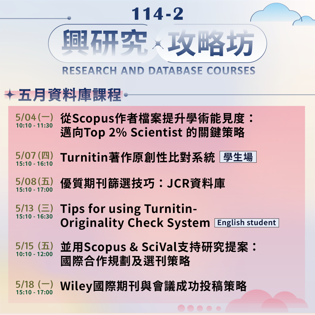 【興研究．攻略坊】5月講座&資料庫課程，精準投稿與發表！