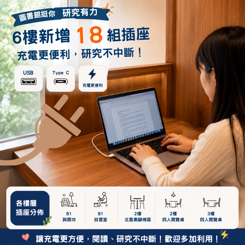充電閱讀更有力！6樓閱覽桌新增 18 組插座，研究不中斷
