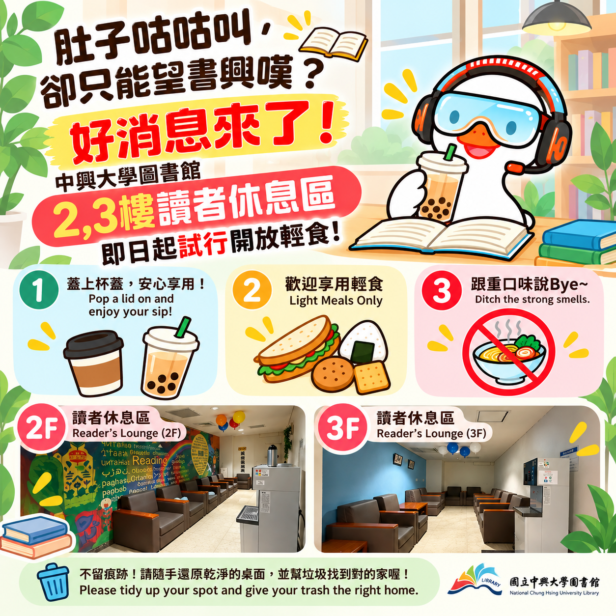 圖書館西側飲水機旁２、３樓讀者休息區開放輕食